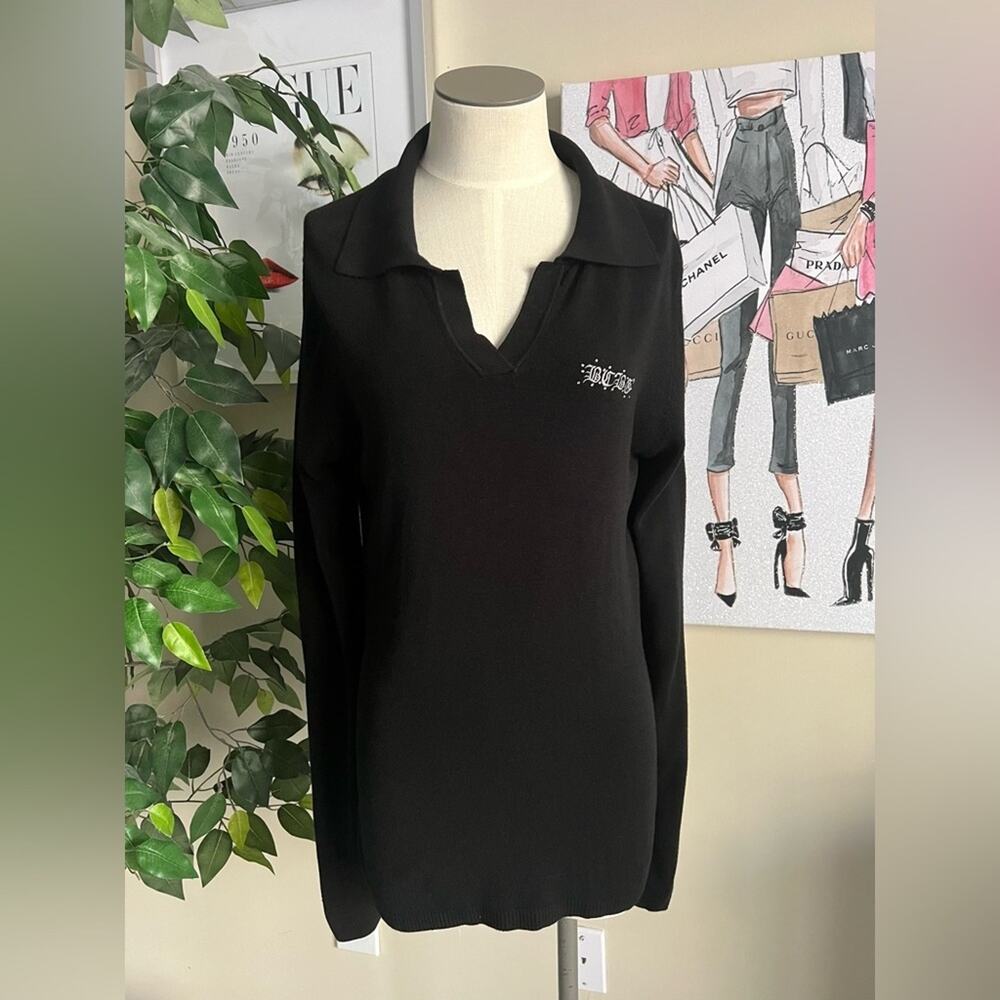 BCBG Vintage 90s Soft Knit Stretchy Bling Logo V-Neck Black Sweater Size Large